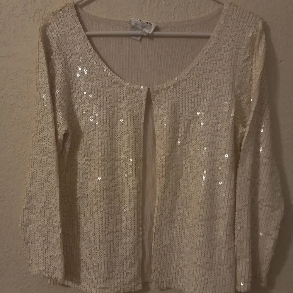 Oscar De LA Renta White Sequenced Sweater - Picture 1 of 5
